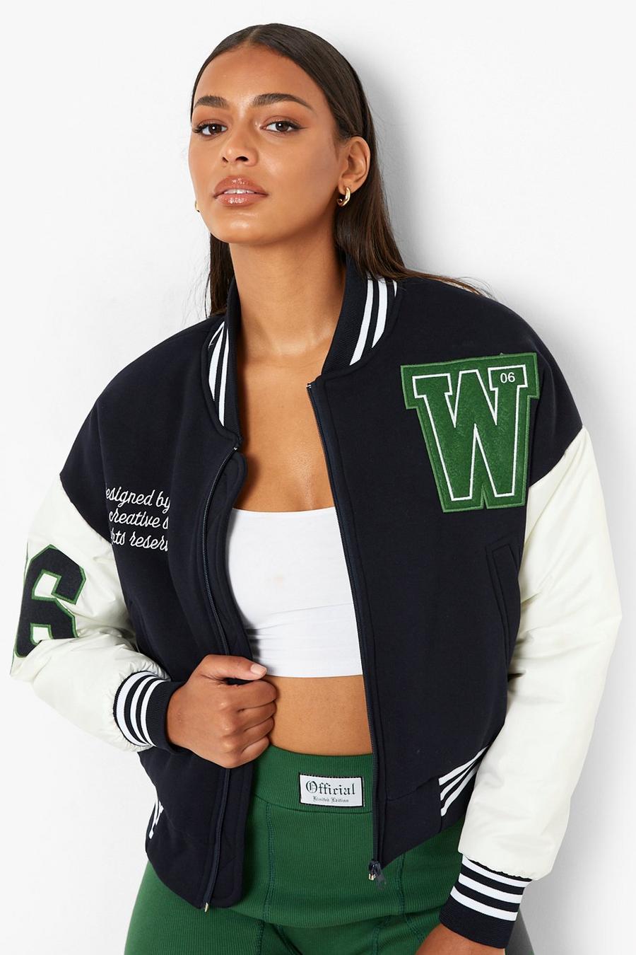 Giacca corta stile Varsity con maniche in contrasto, Navy image number 1