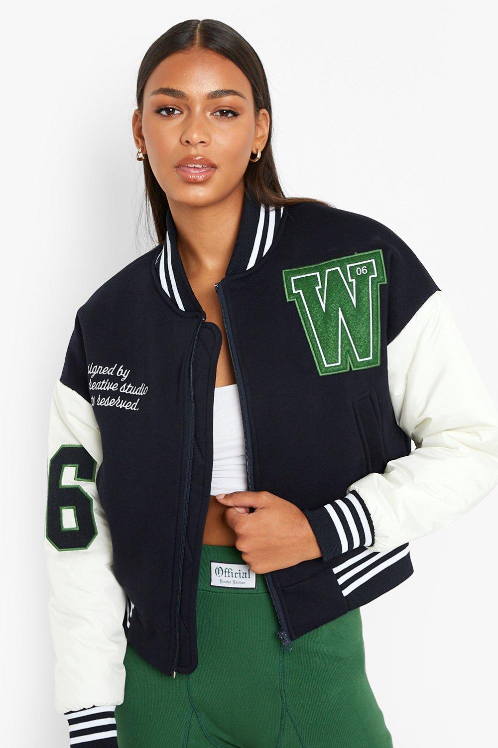 Pink Cropped Contrast Sleeve Varsity Jacket