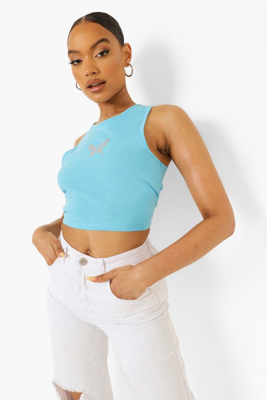 Blue Buttefly Diamante Racer Crop Top image number 1