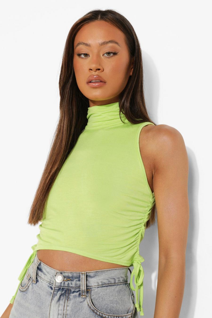 Lime Ruched Detail High Neck Crop Top image number 1