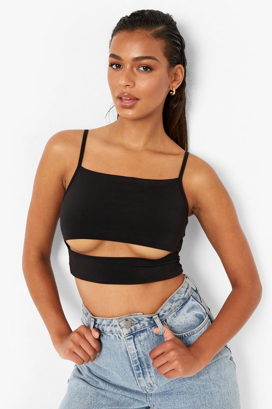 Black Double Layer Slinky Cut Out Square Cami Top image number 1