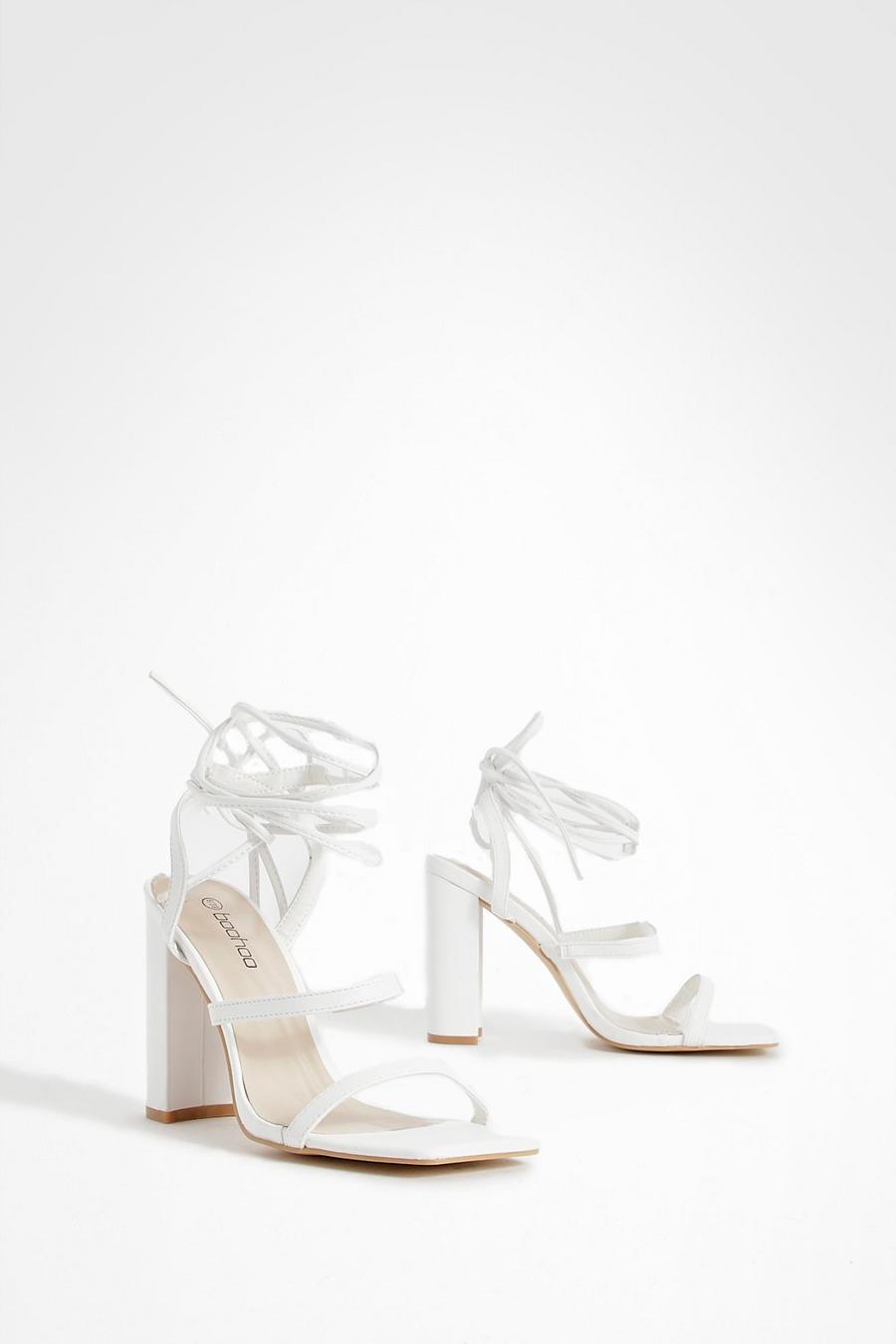 Sandales à talons avec triple bride et lacets montants, White weiß
