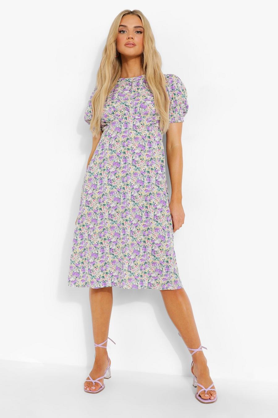 Lilac Floral Puff Sleeve Midi Dress image number 1