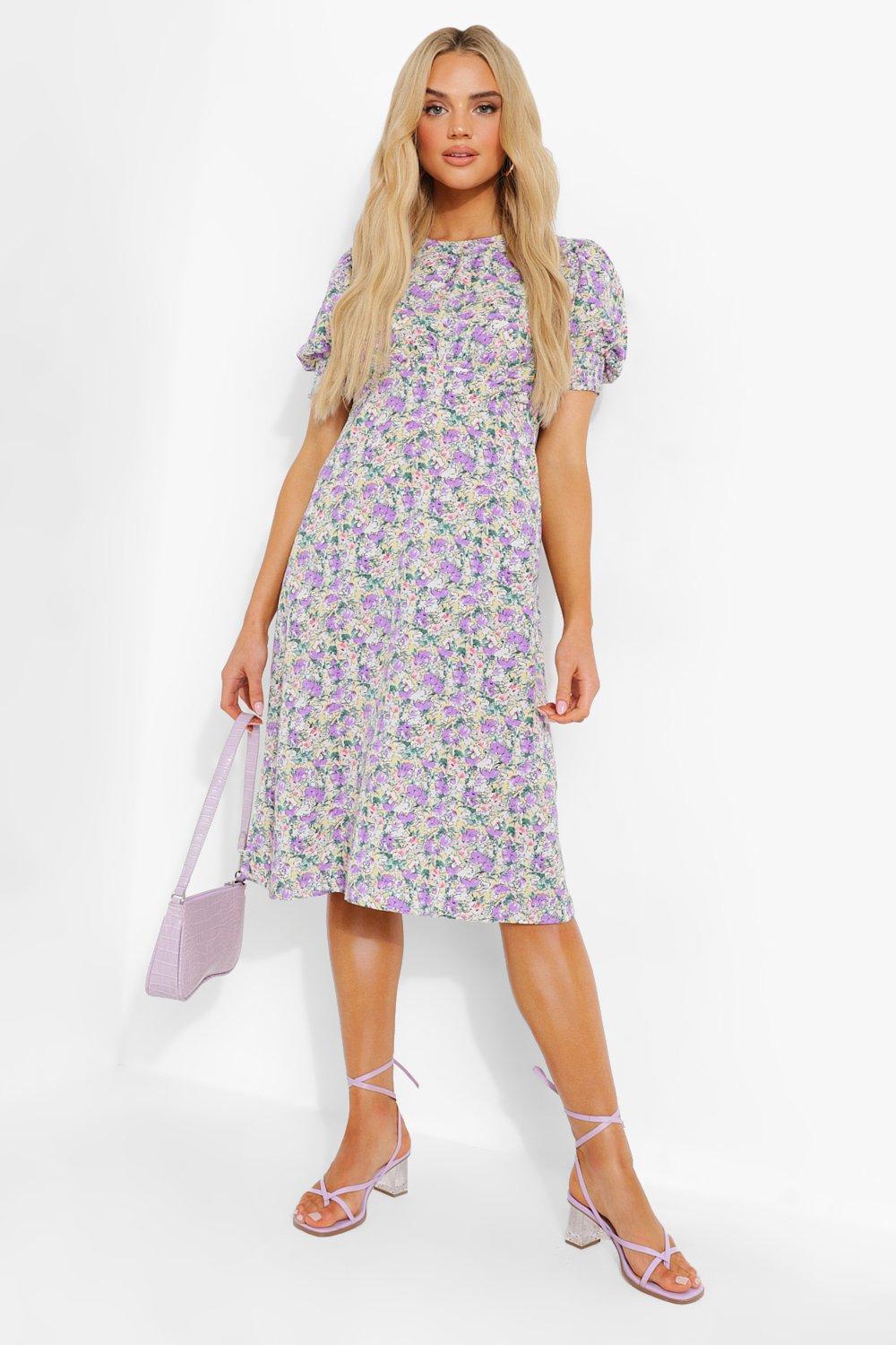 purple floral puff sleeve dress