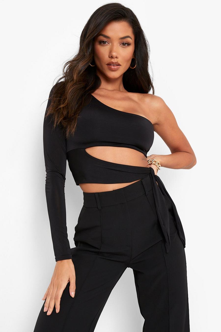 Black Double Layer Slinky One Sleeve Wrap Crop Top image number 1
