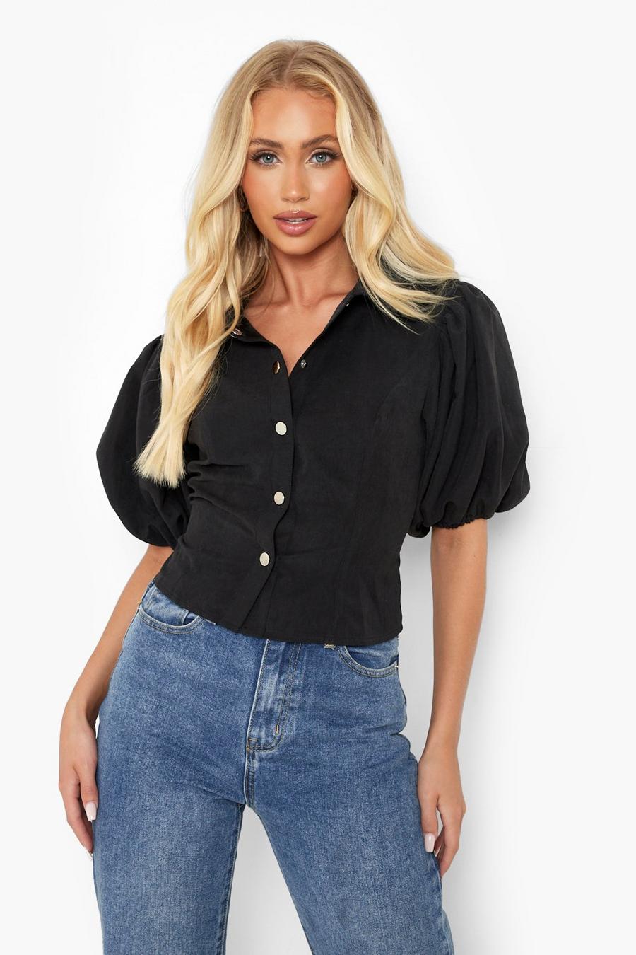 Black Puff Sleeve Button Up Blouse image number 1