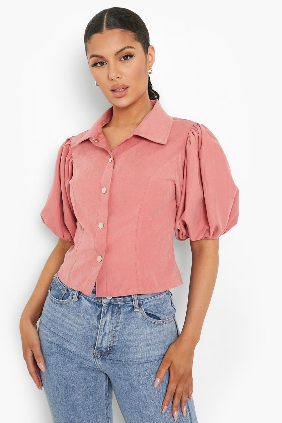 Mauve Puff Sleeve Button Up Blouse image number 1
