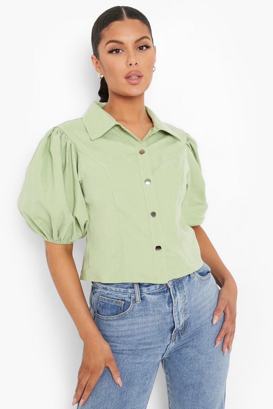 Sage Puff Sleeve Button Up Blouse image number 1