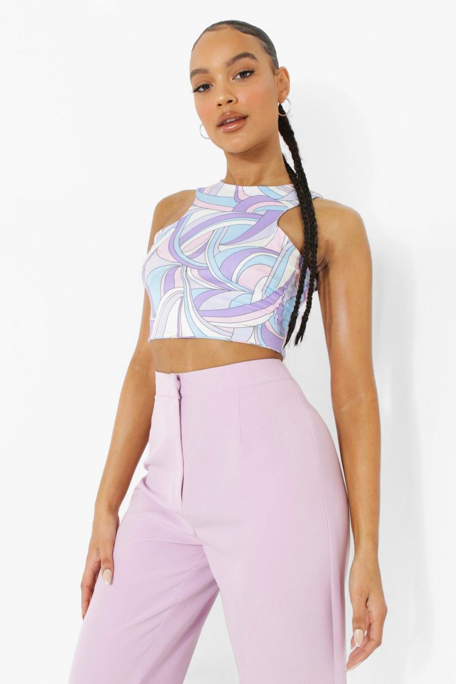 Lilac Abstract Print Double Layer Racer Crop Top image number 1
