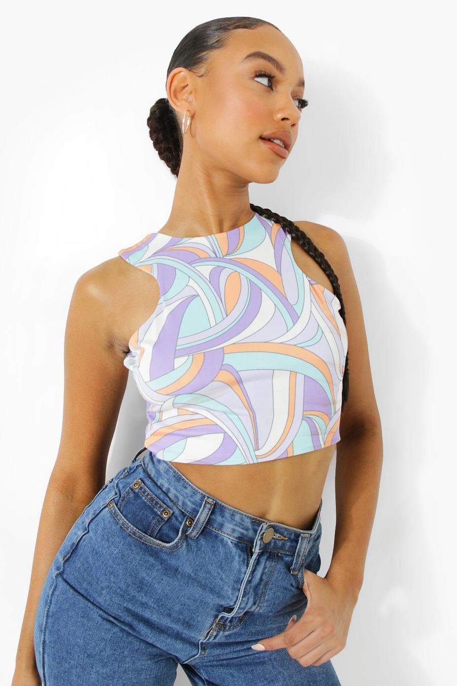Purple Abstract Print Double Layer Racer Crop Top image number 1
