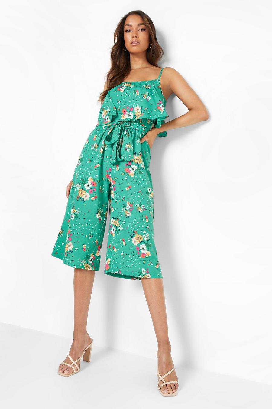 Green Floral Double Layered Culotte Jumpsuit image number 1