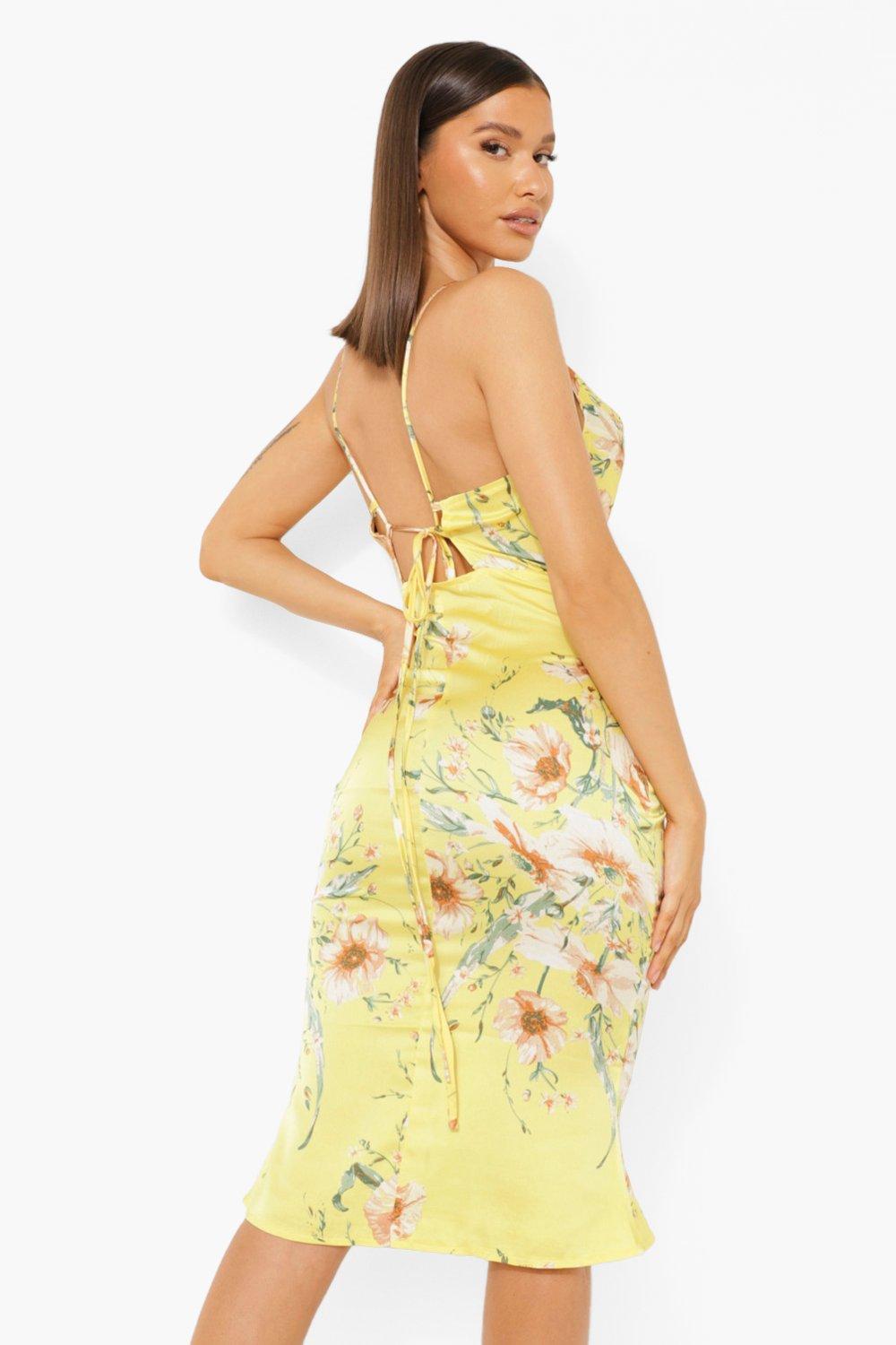 Satin Floral Cowl Flute Hem Slip Dress ...