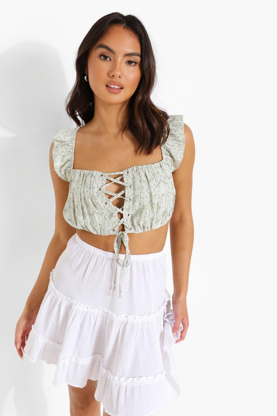 Ivory Printed Lace Up Crop Top image number 1