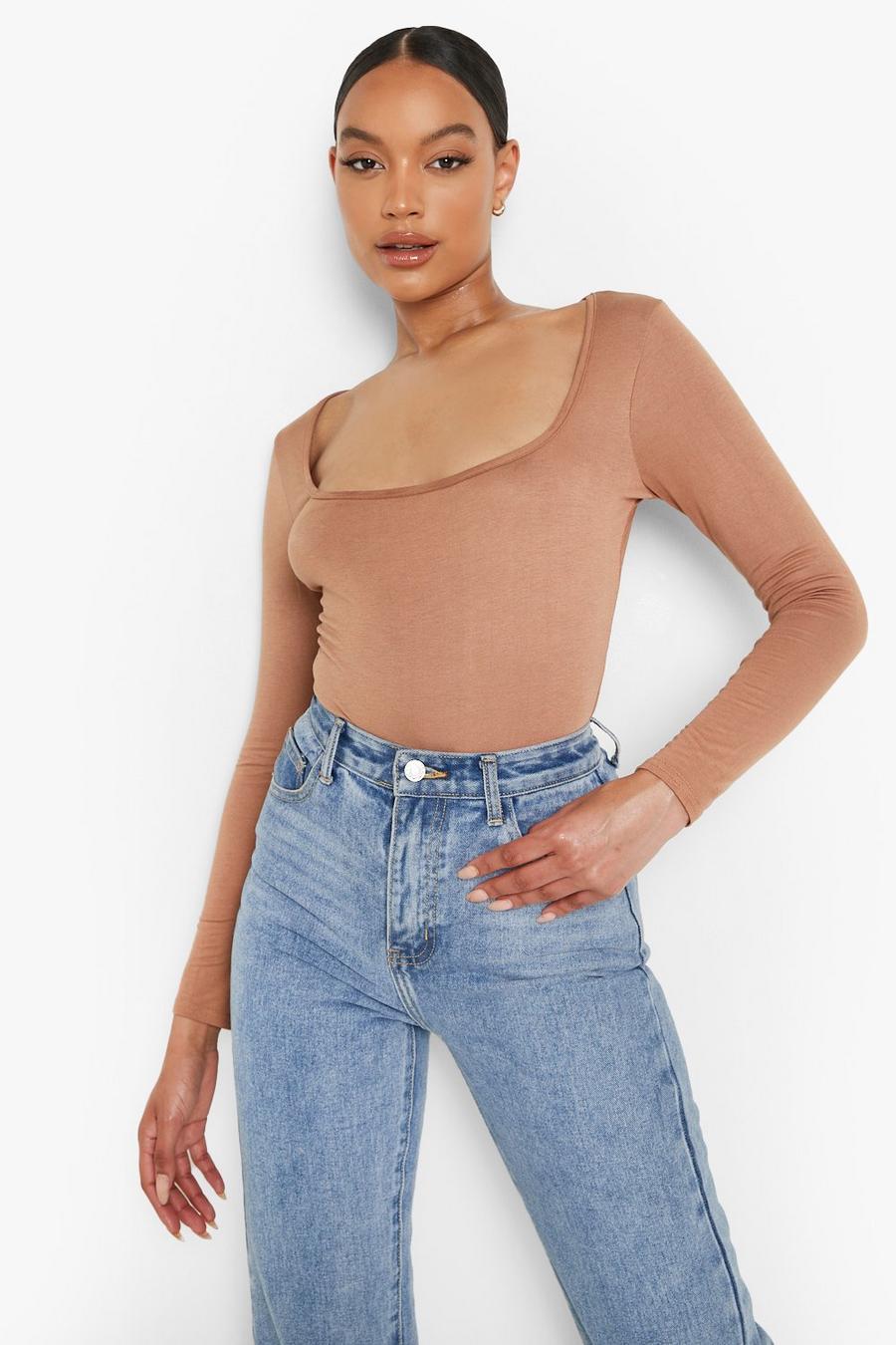 Caramel Square Neck Long Sleeve Bodysuit image number 1