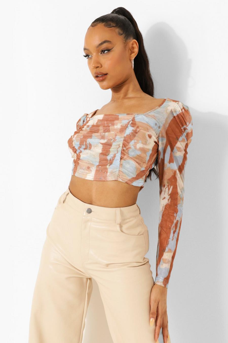 Stone Marble Mesh Ruched Sleeve Crop Top image number 1
