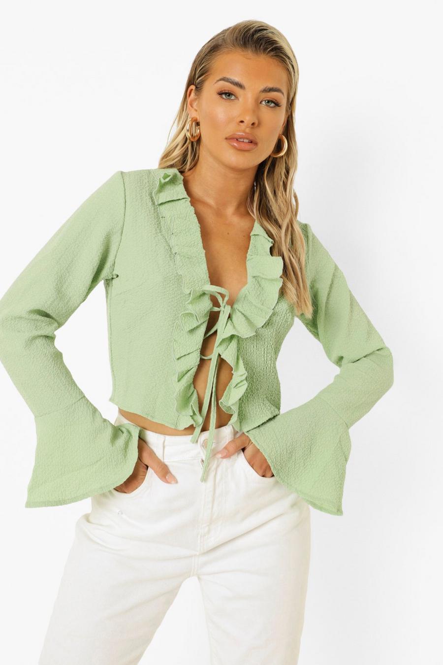 Sage Crinkle Fabric Ruffle Detail Blouse image number 1