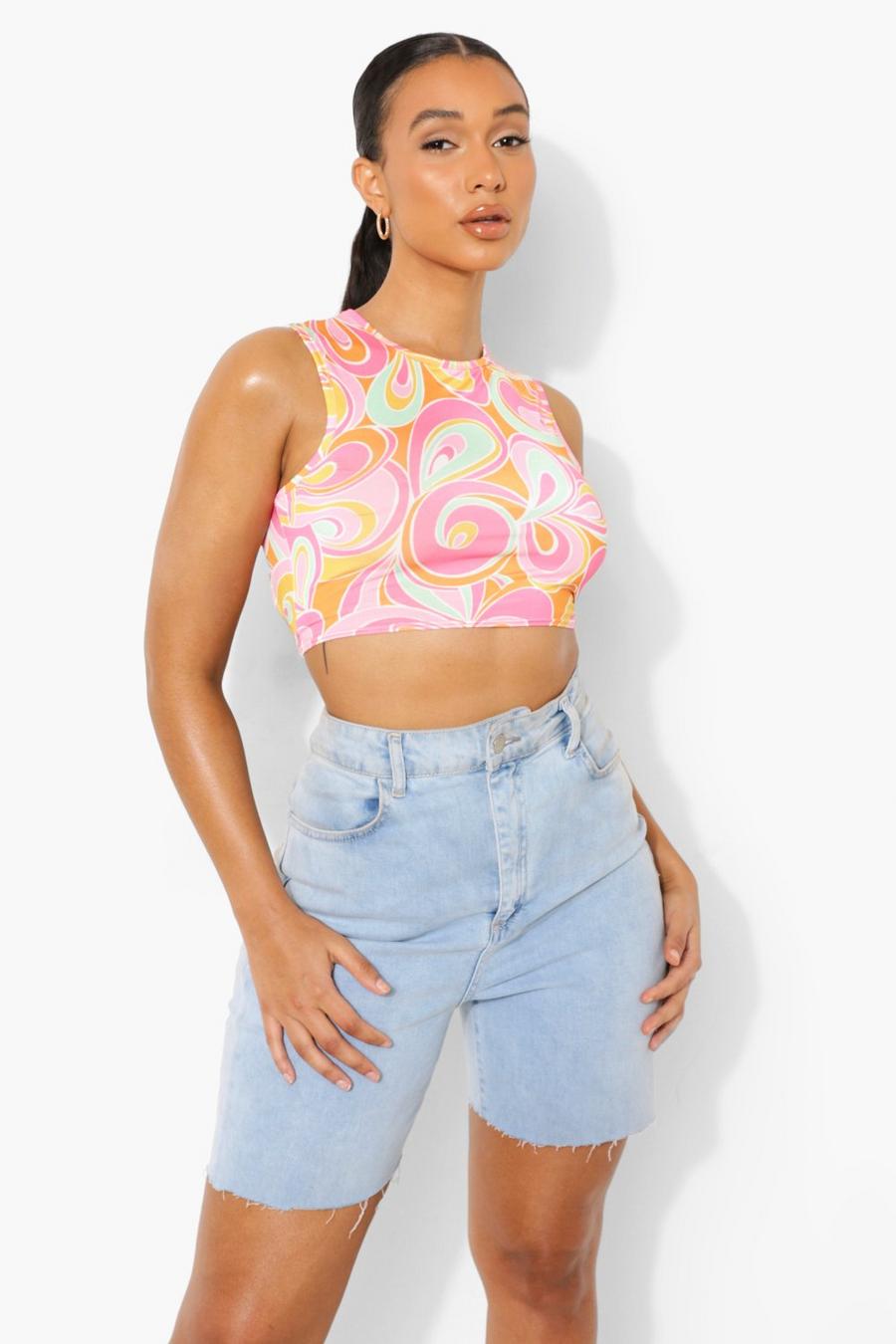 Hot pink Mönstrad crop top med cut-out image number 1