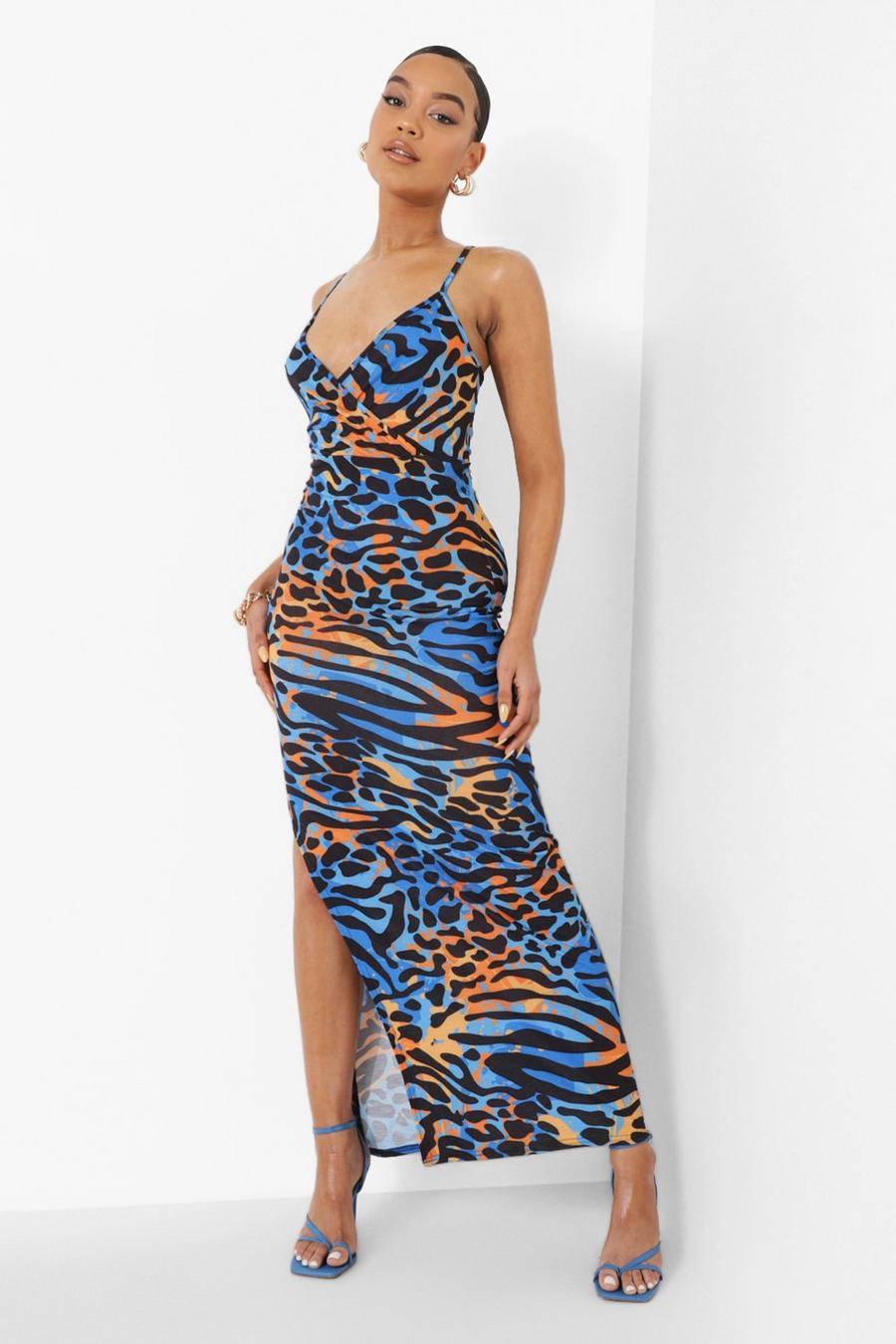 Blue Animal Print Wrap Maxi Dress image number 1