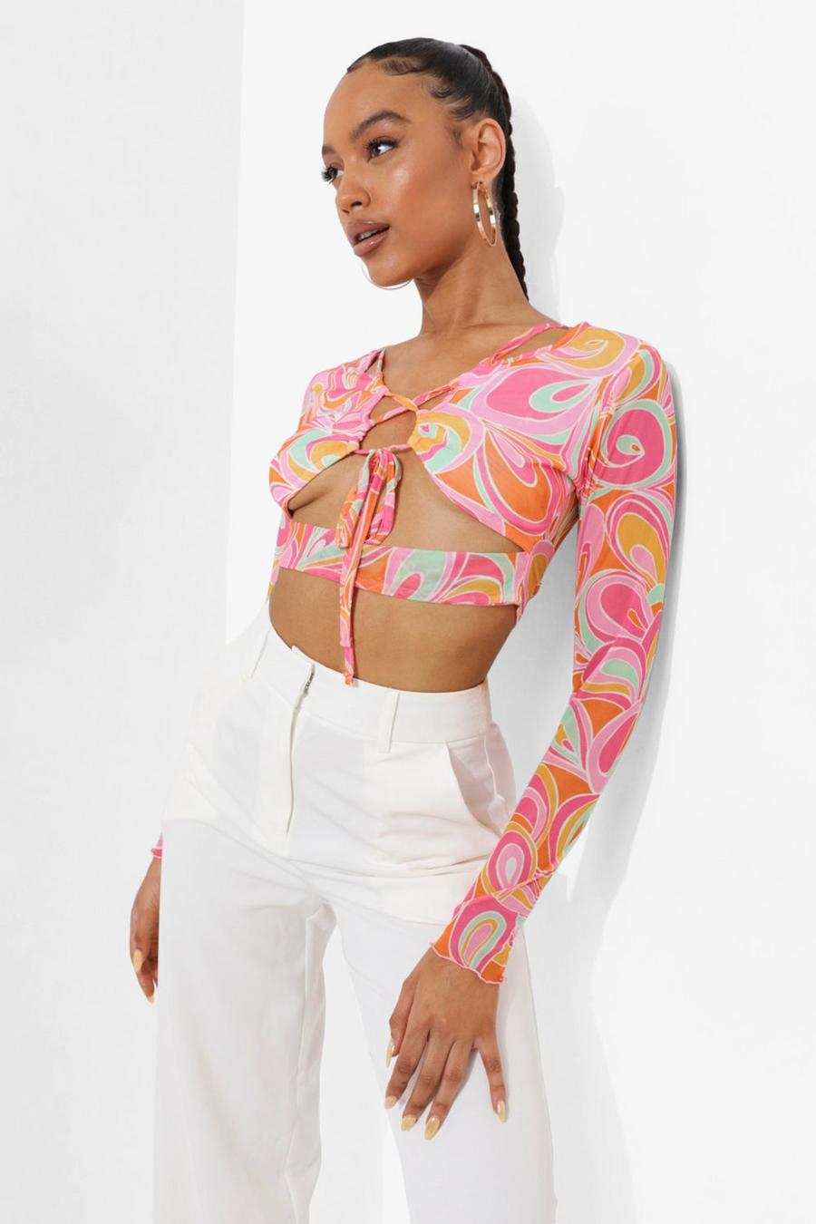 Hot pink rose Abstract Printed Lace Up Mesh Top
