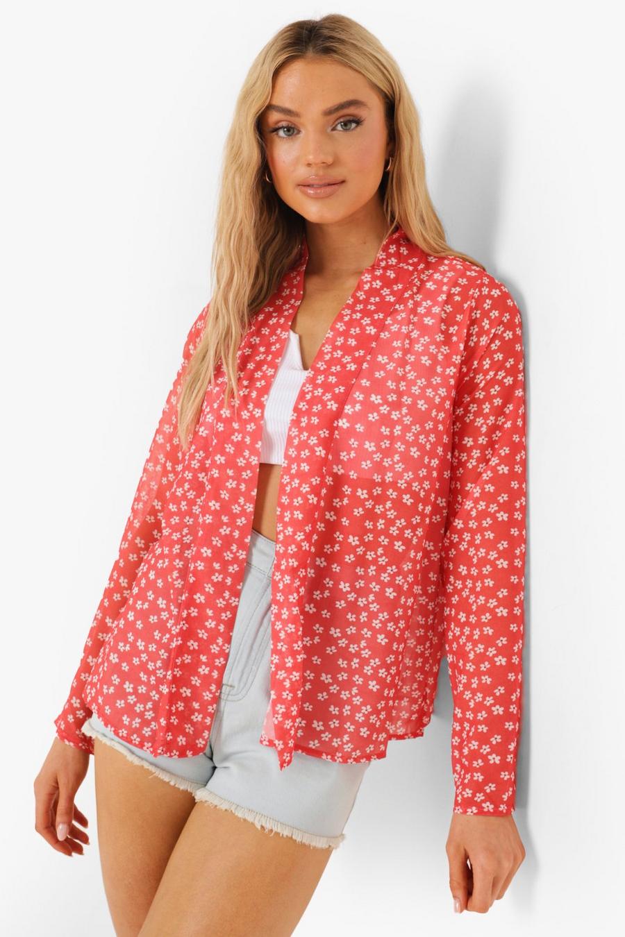 Red Floral Printed Short Kimono image number 1