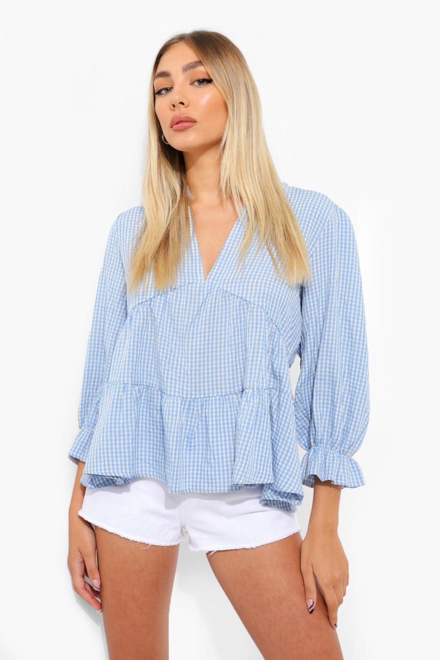 Blue Woven Gingham Smock Top image number 1