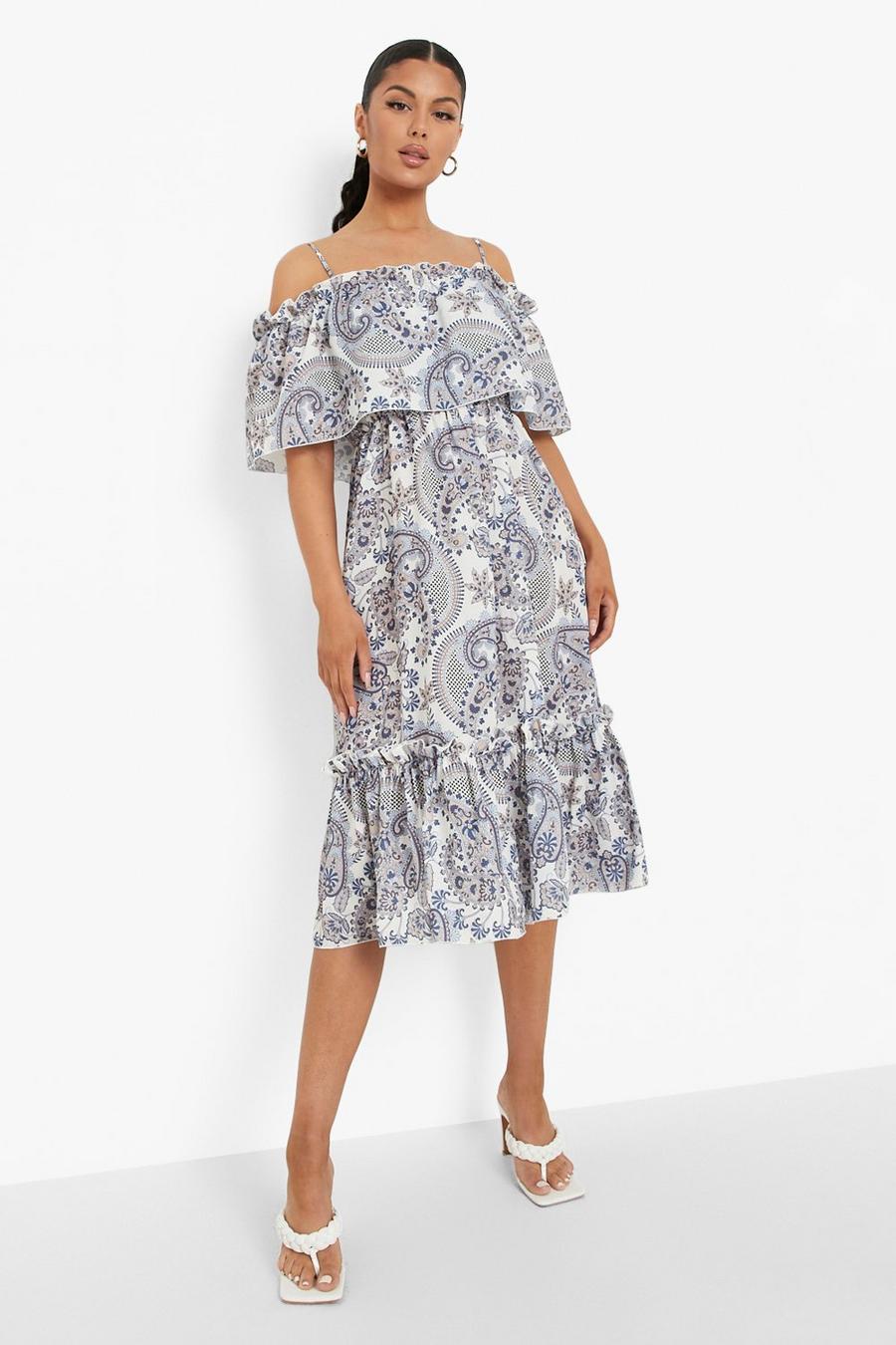 Blue Paisley Print Off The Shoulder Tiered Midi Dress image number 1