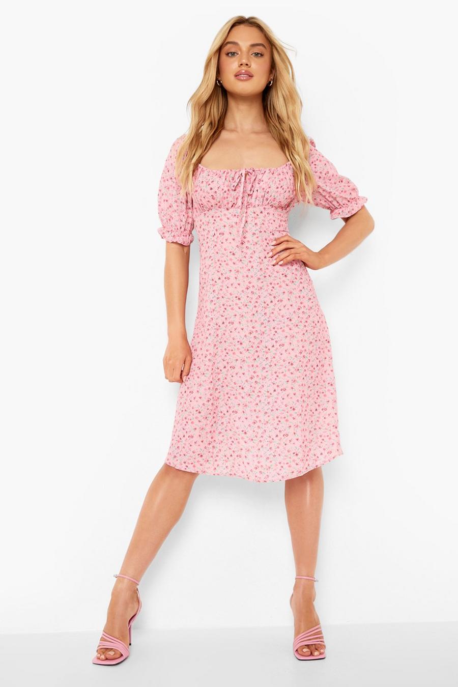 Pink Floral Ruched Bust Puff Sleeve Midi Dress image number 1