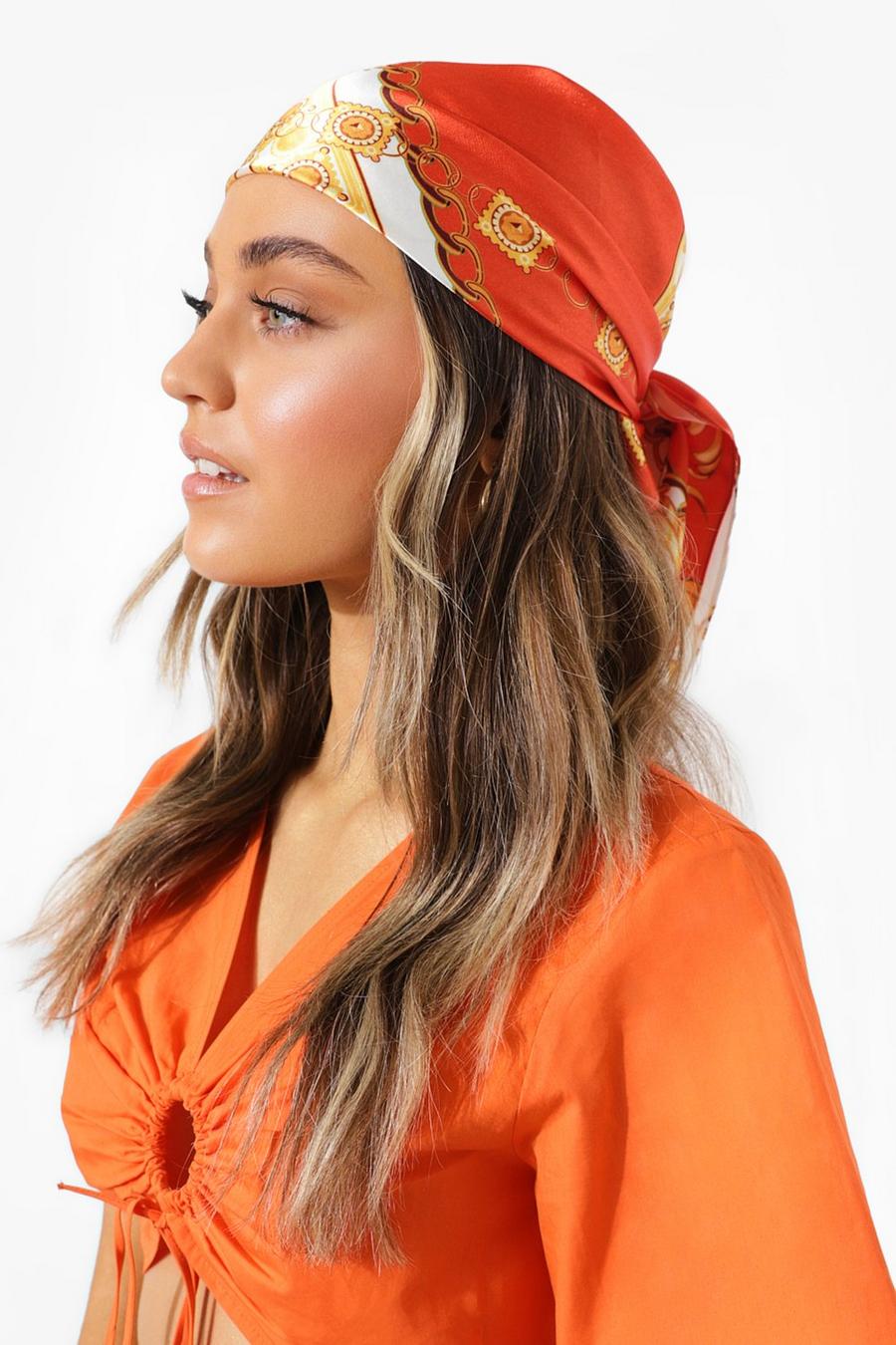 Pañuelo para la cabeza naranja con estampado de cadena, Orange image number 1