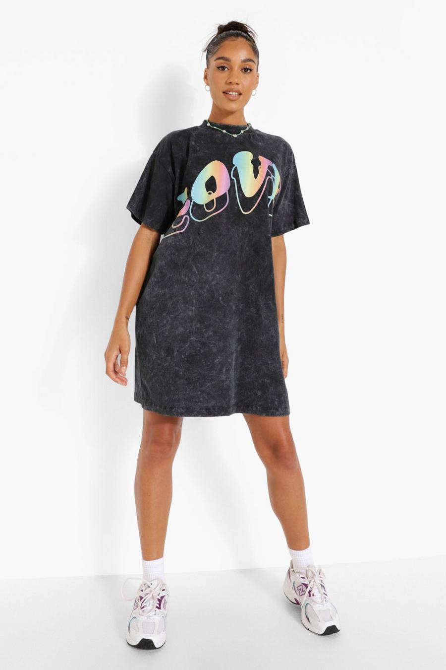 Charcoal Acid Wash Printed Oversized T-shirt Dress image number 1