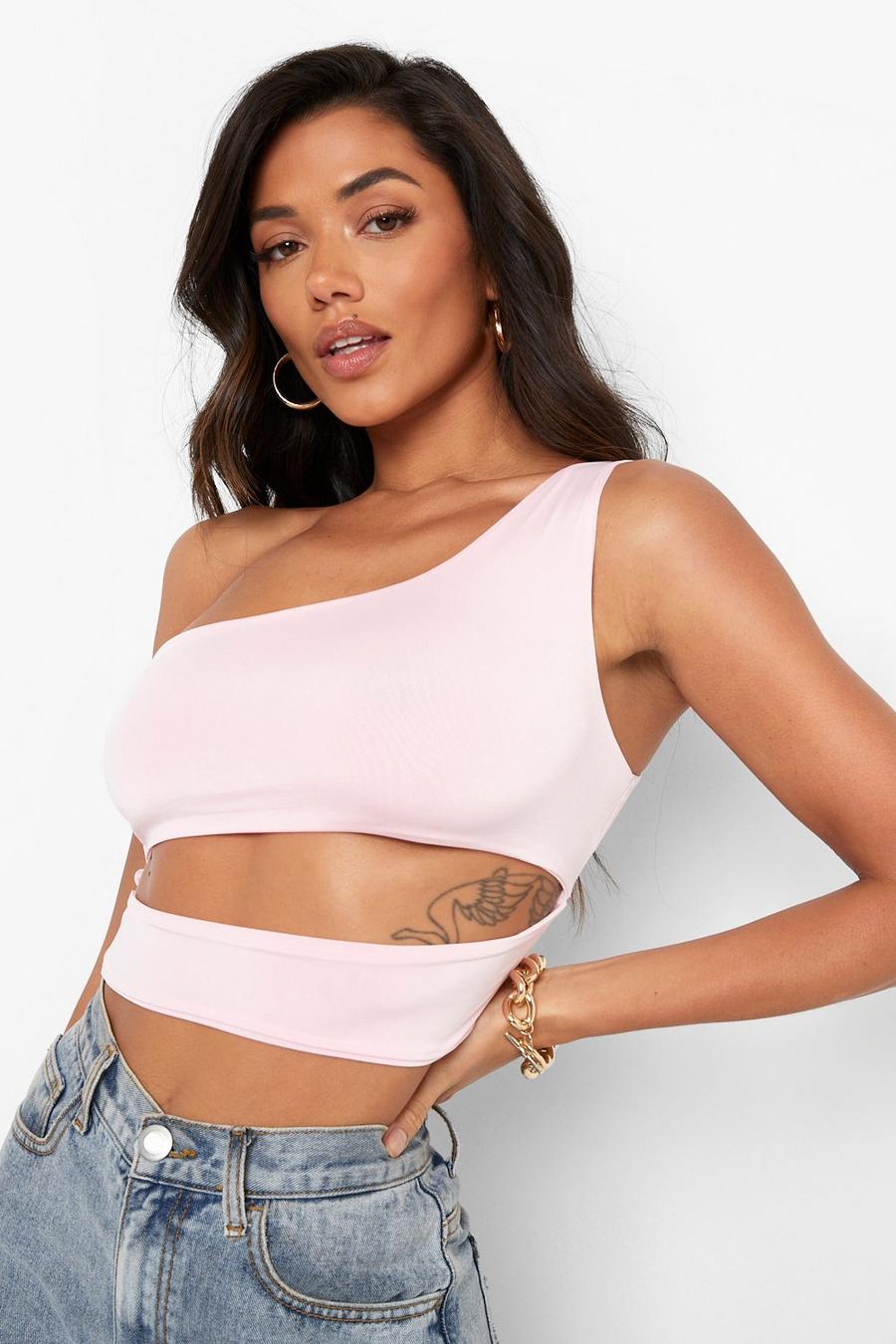 Baby pink Double Layer Slinky One Shoulder Crop Top image number 1