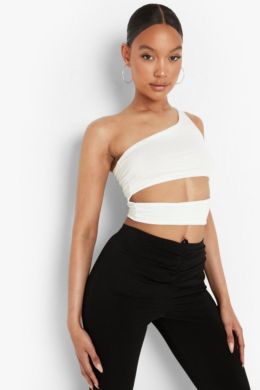 White Double Layer Slinky One Shoulder Crop Top image number 1