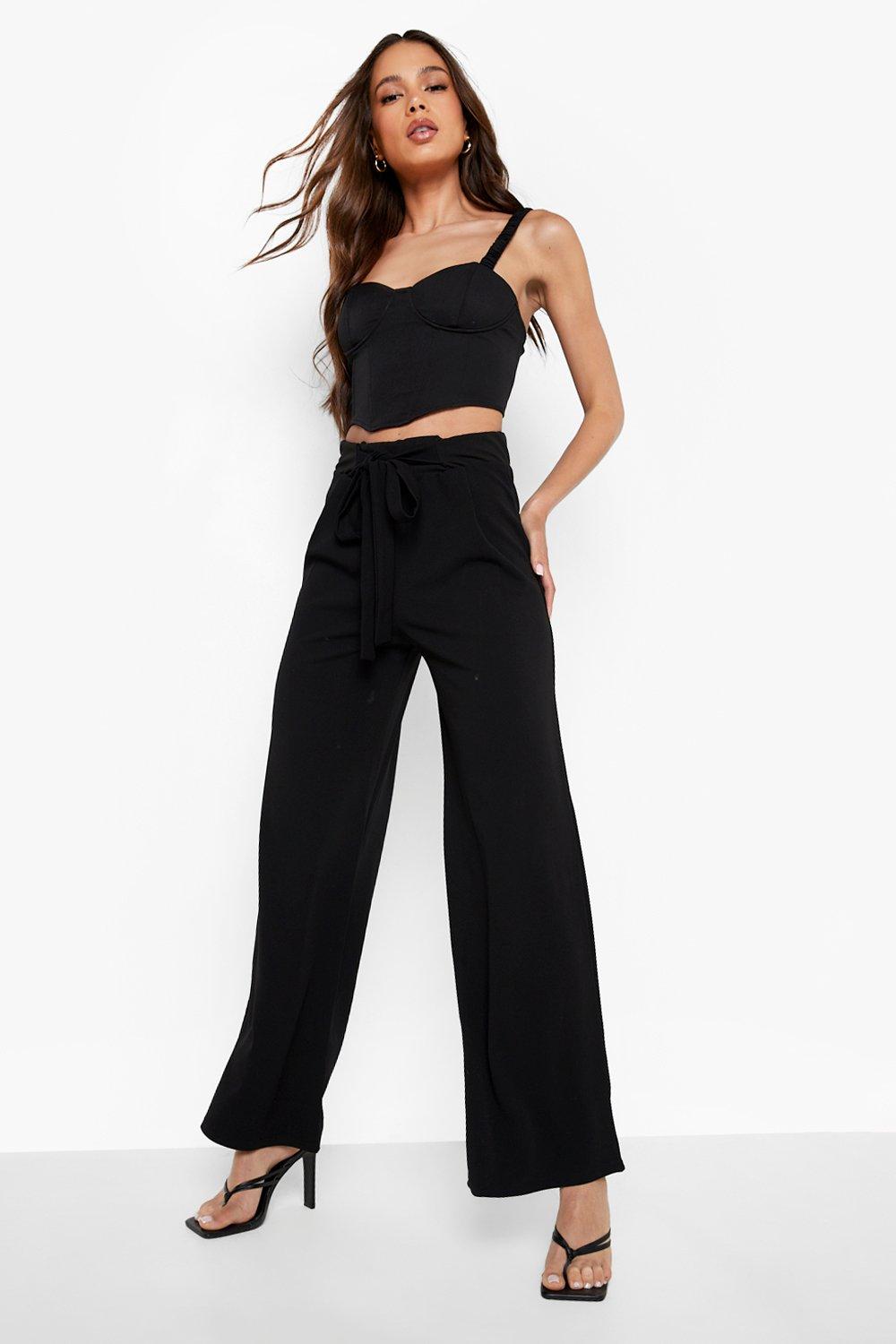 HIGH TIE WAIST WIDE LEG TROUSERS BLACK