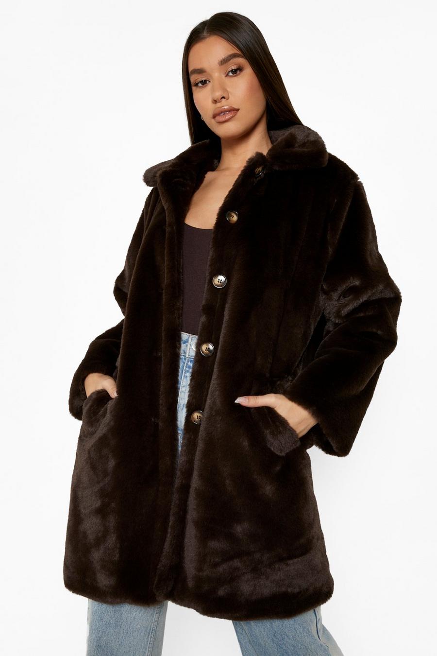 Chocolate Collared Faux Fur Coat image number 1