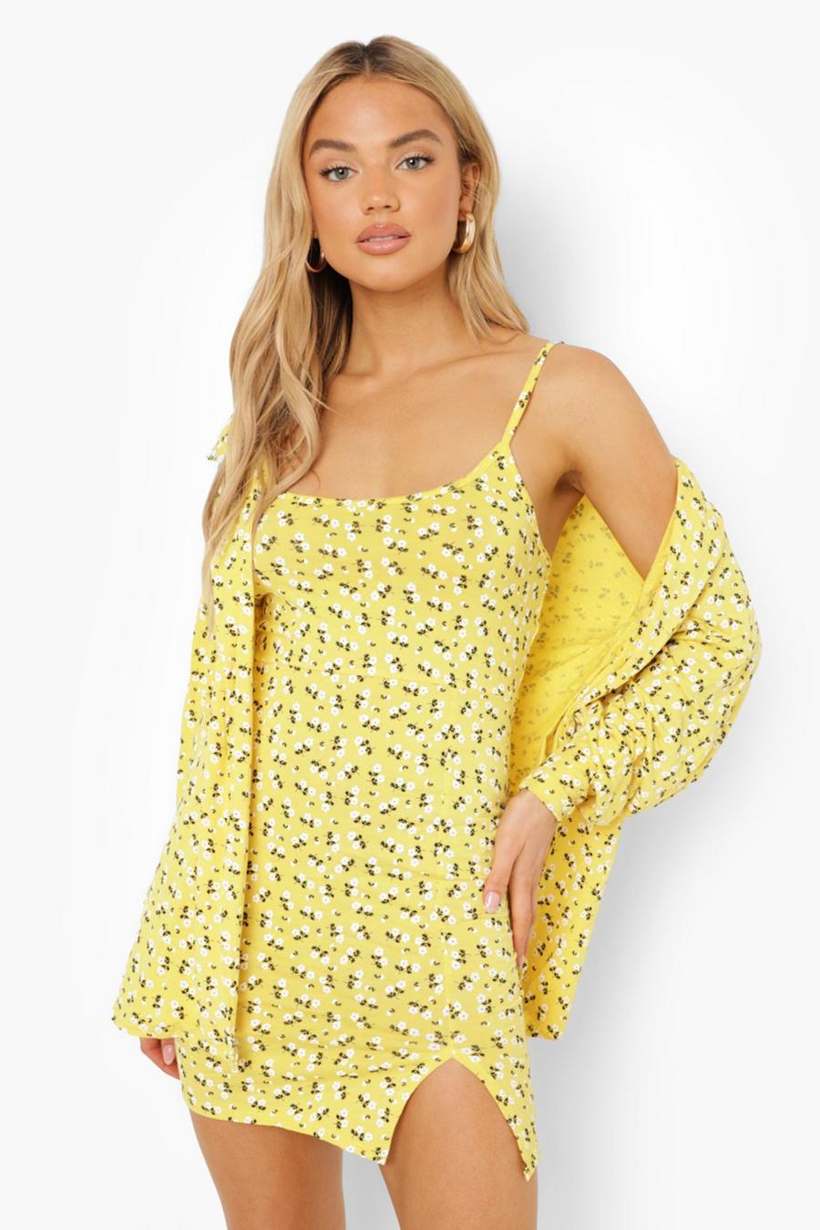 צהוב שמלת חולצה סליפ פרחונית וחולצה image number 1