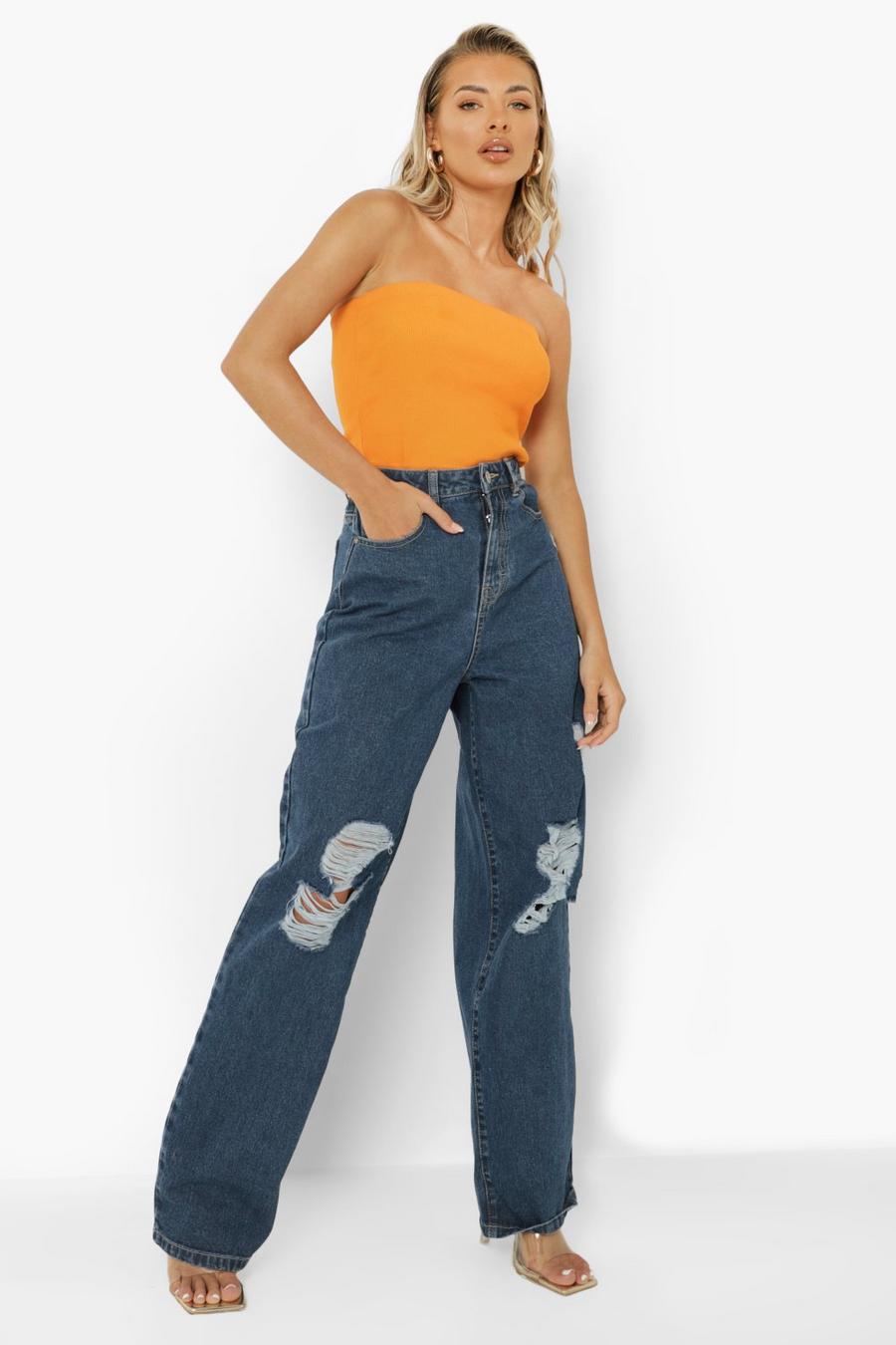 Mid blue Distressed Wide Leg Jeans