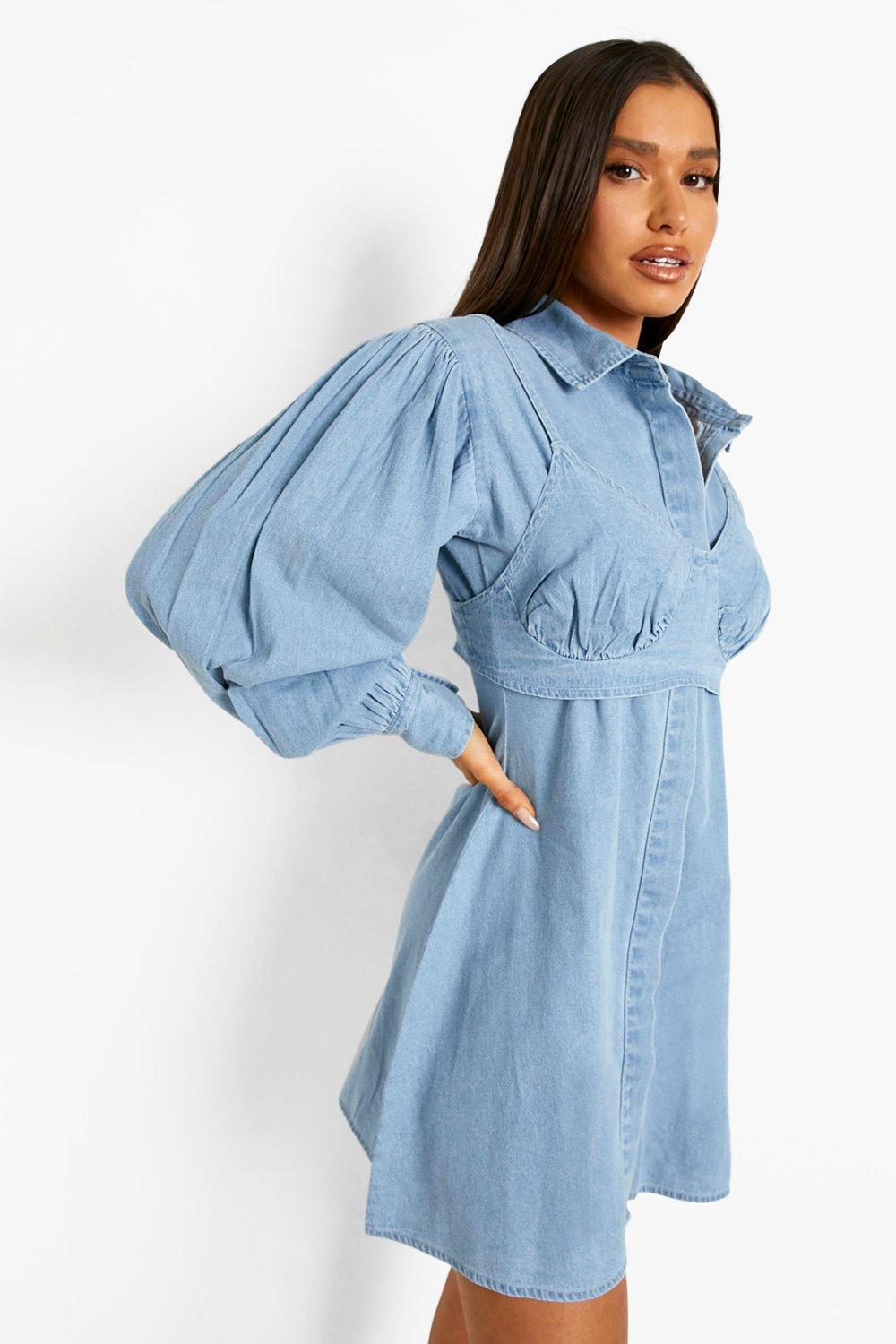 boohoo Petite Denim Bralette Overlay Shirt Dress - ShopStyle
