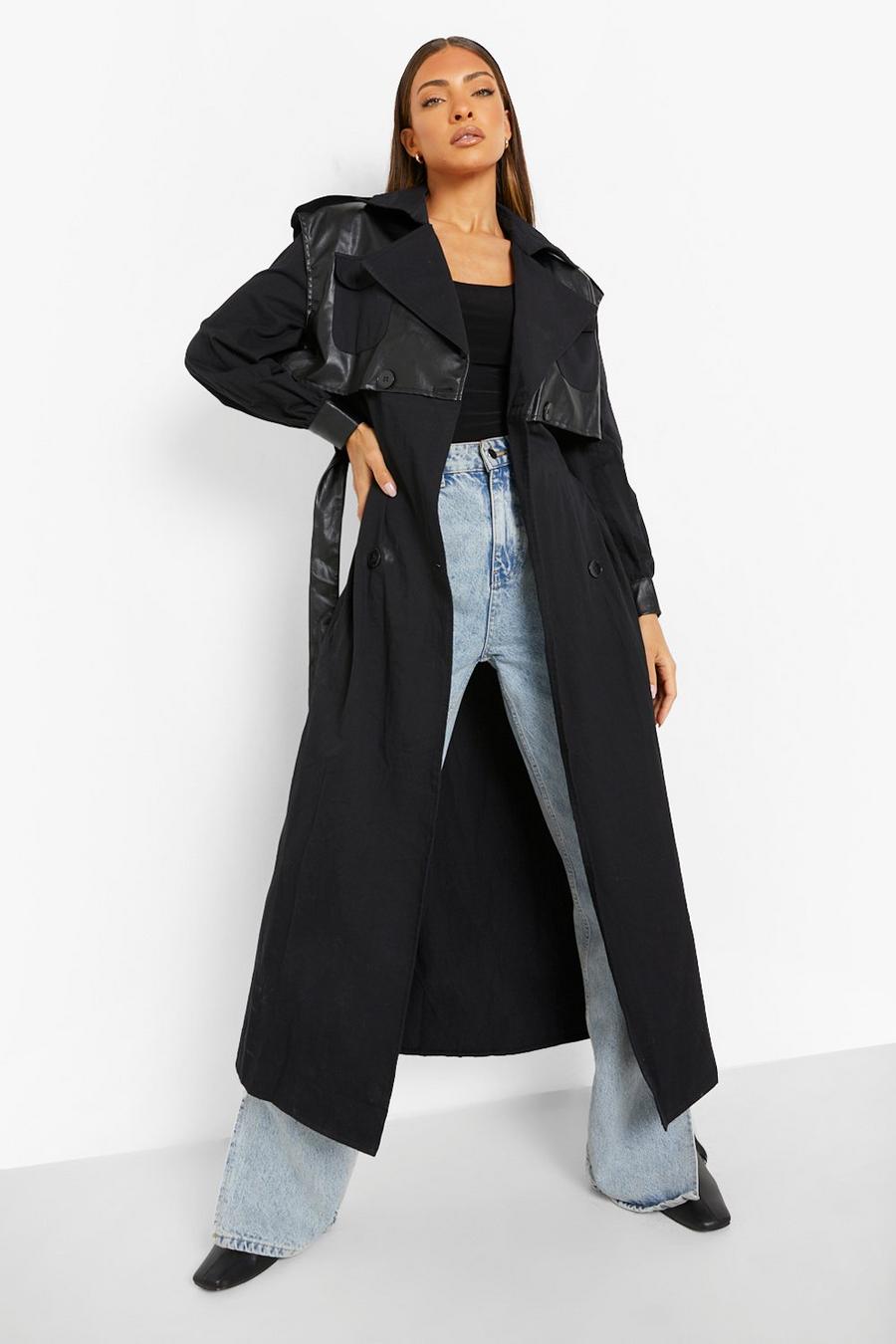 Black Faux Leather Trim Belted Trench Coat image number 1