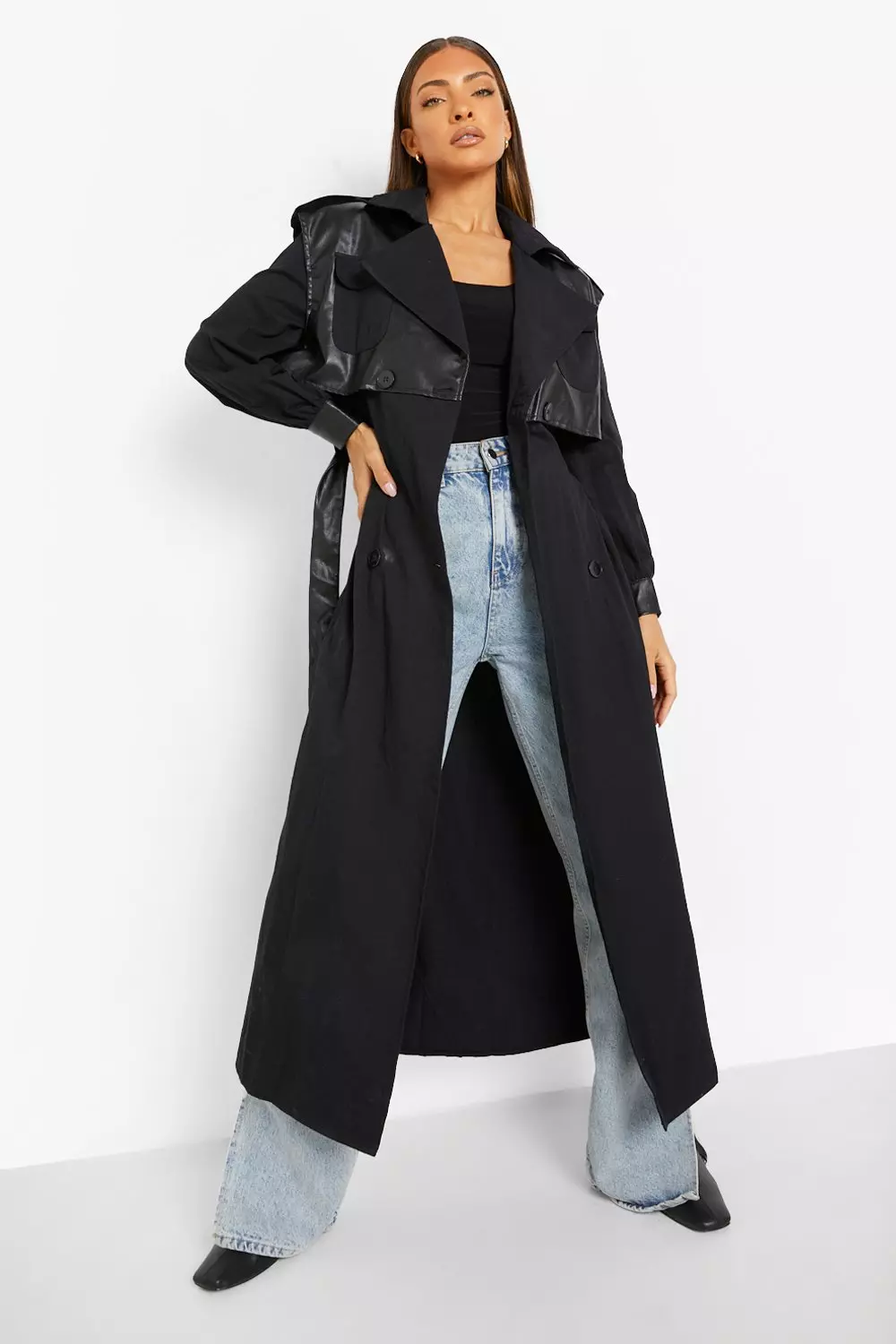 Trench coat with leather trim sale