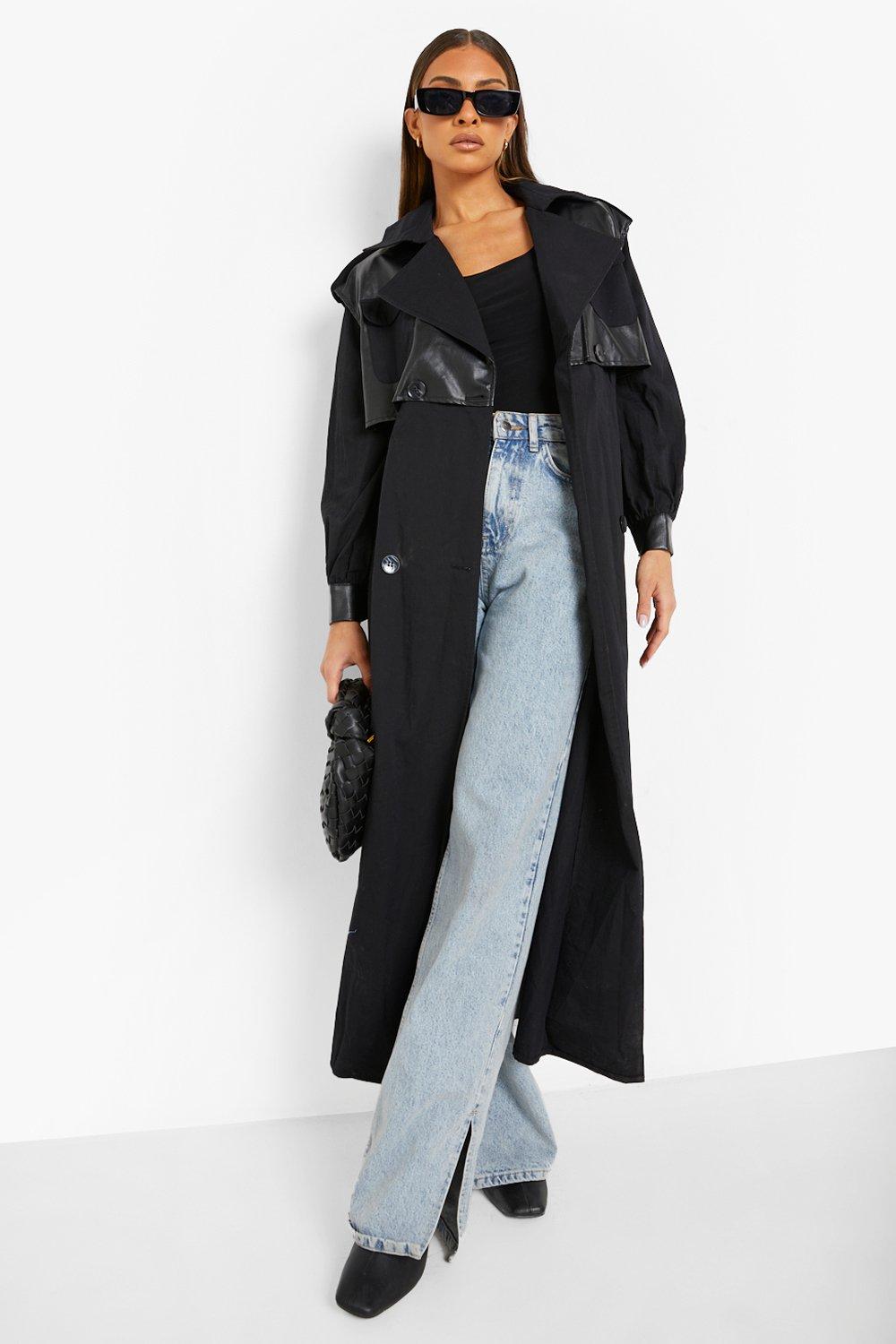 Coat with leather trim best sale