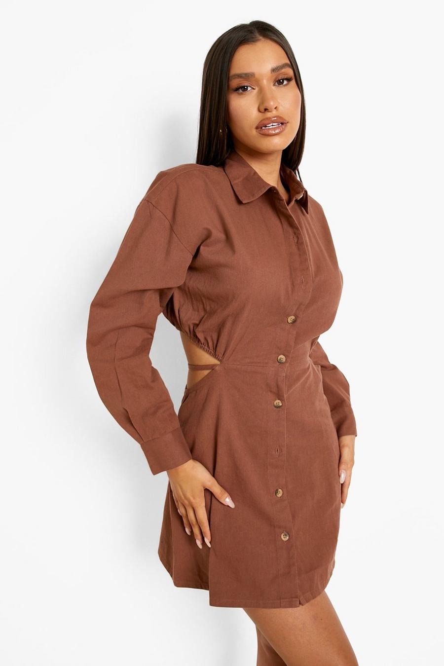 Chocolate Tie Back Cut Out Denim Shirt Dress image number 1