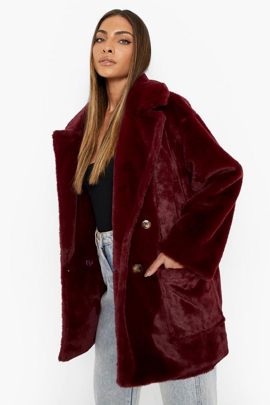 Dark red Double Breasted Faux Fur Coat image number 1