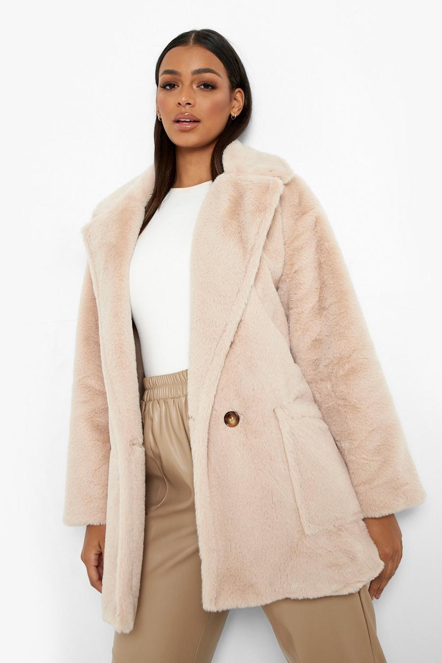 Sand beige Double Breasted Faux Fur Coat