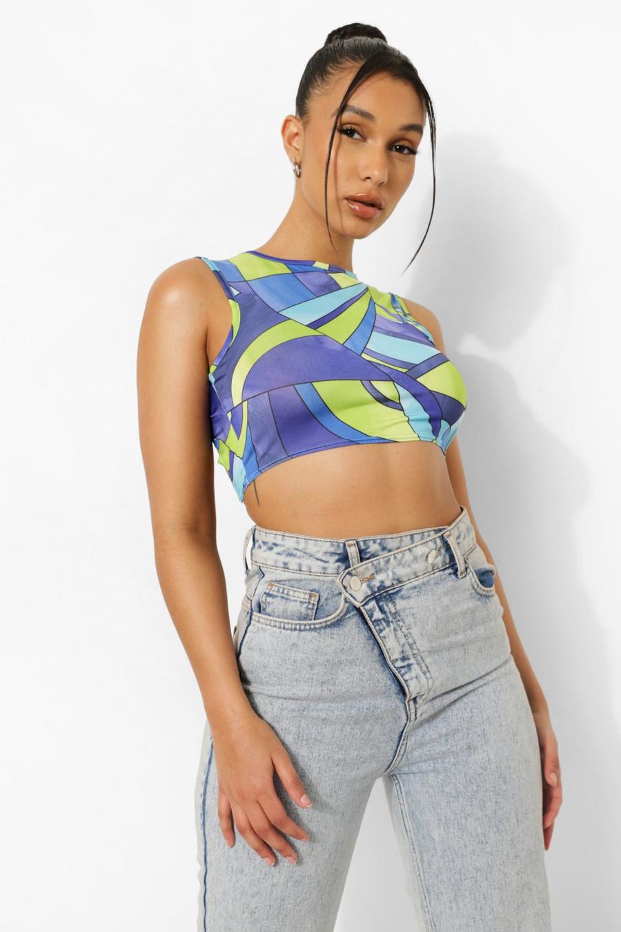 Blue Abstract Printed Cut Out Crop Top image number 1