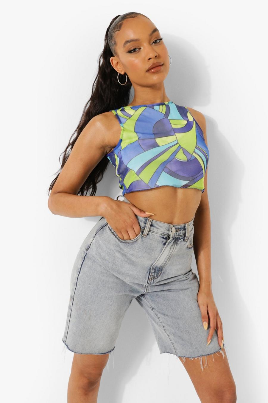 Blue Abstract Printed Mesh Crop Top image number 1