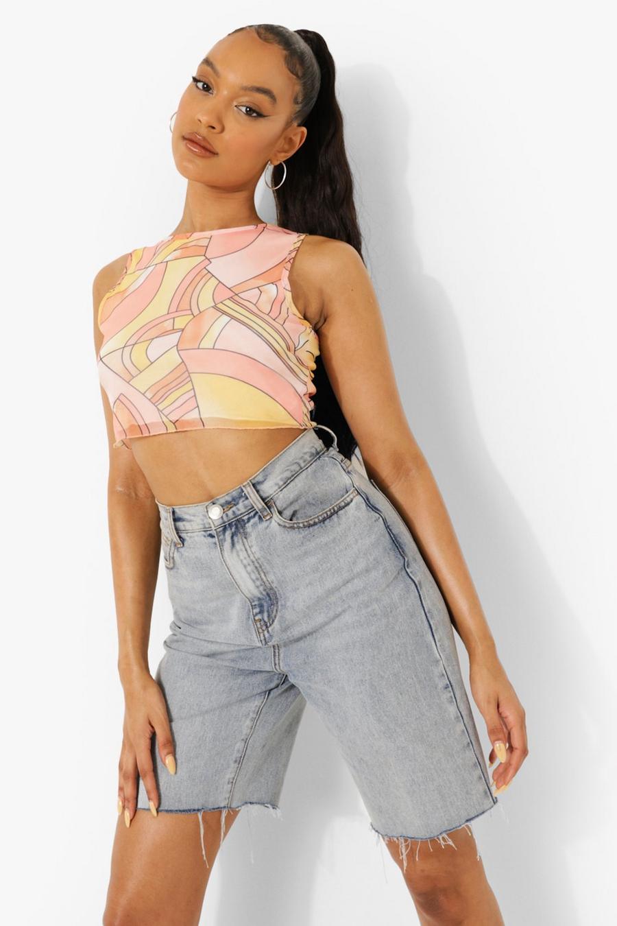 Peach Abstract Printed Mesh Crop Top image number 1