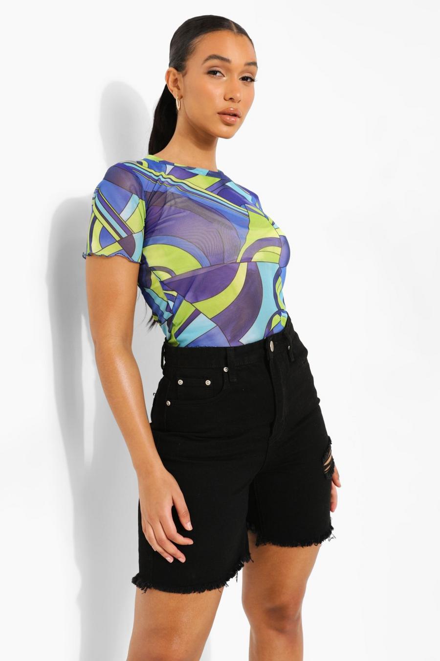 Blue Abstract Printed Mesh Short Sleeve Top image number 1