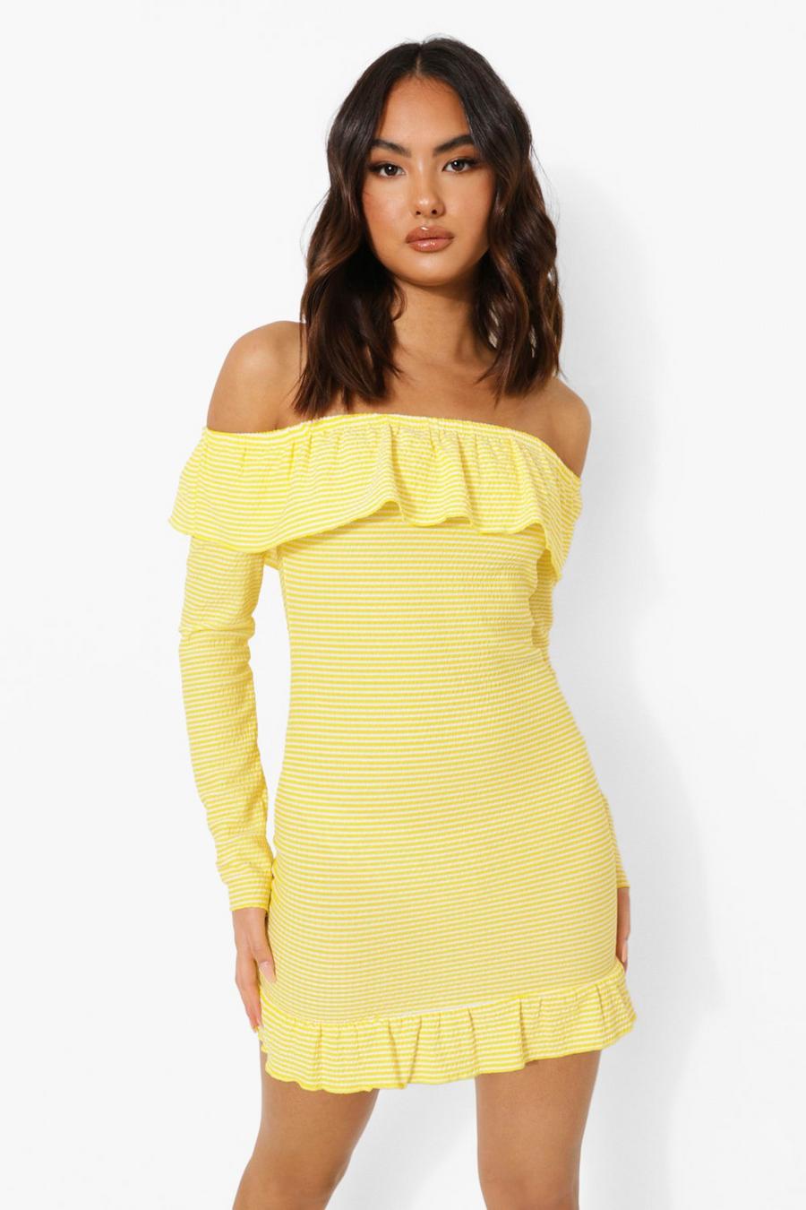 Yellow Stripe Print Off The Shoulder Shirred Mini Dress image number 1