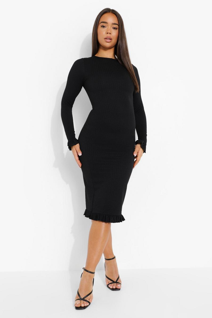 Black Long Sleeve Shirred Midi Dress image number 1