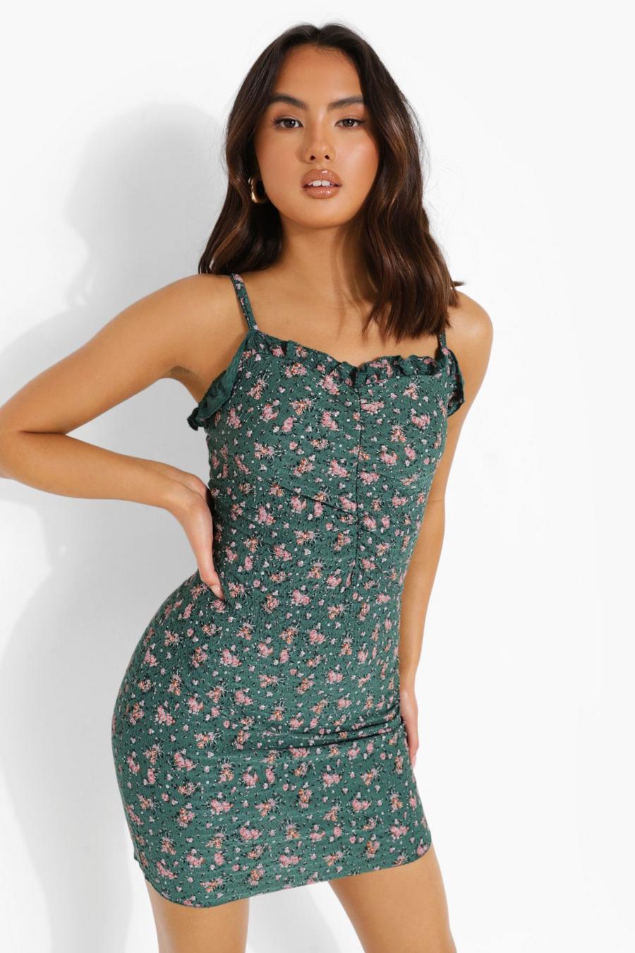 Green Ditsy Floral Strappy Shirred Mini Dress image number 1