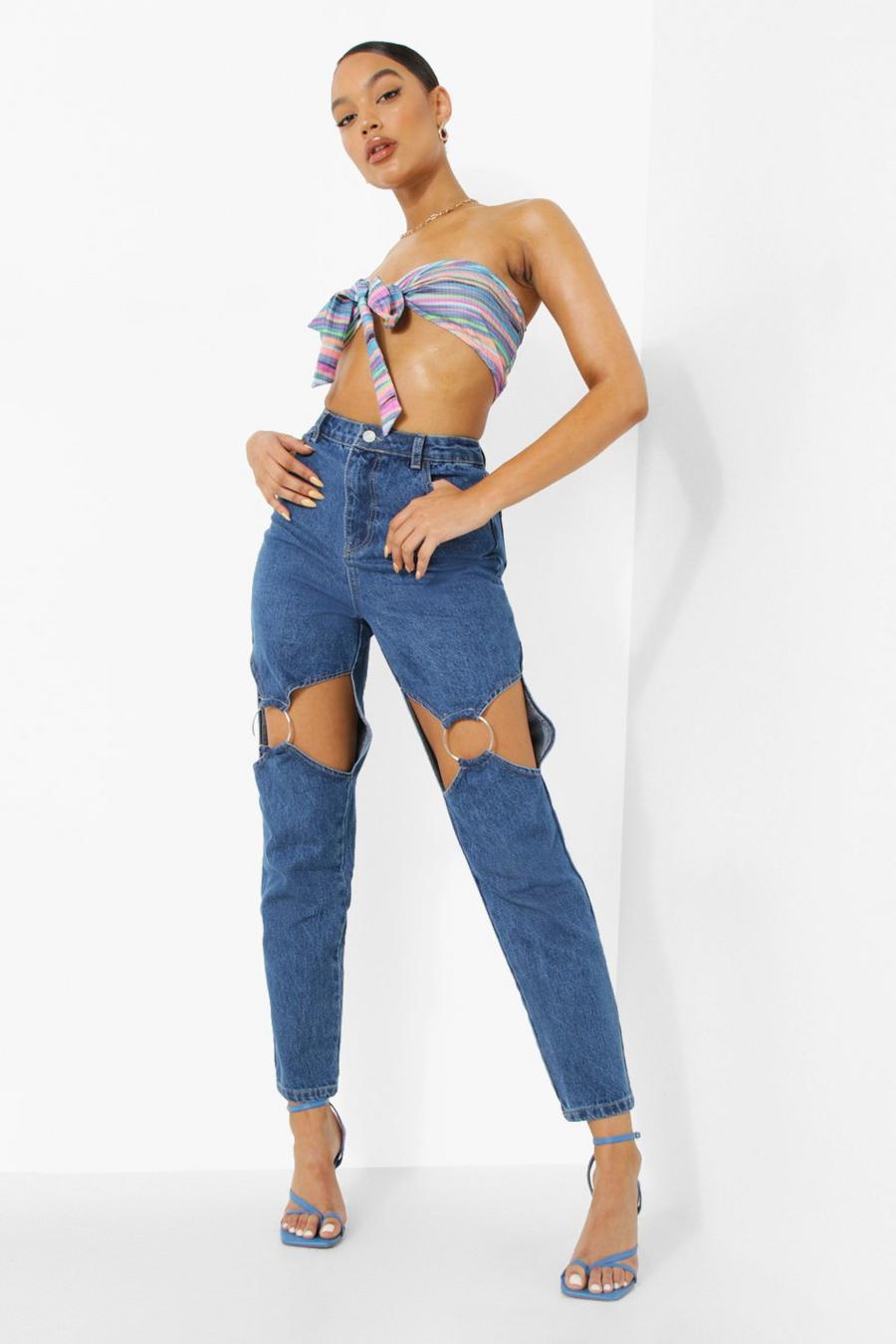 Mid blue O Ring Cut Out Mom Jeans image number 1